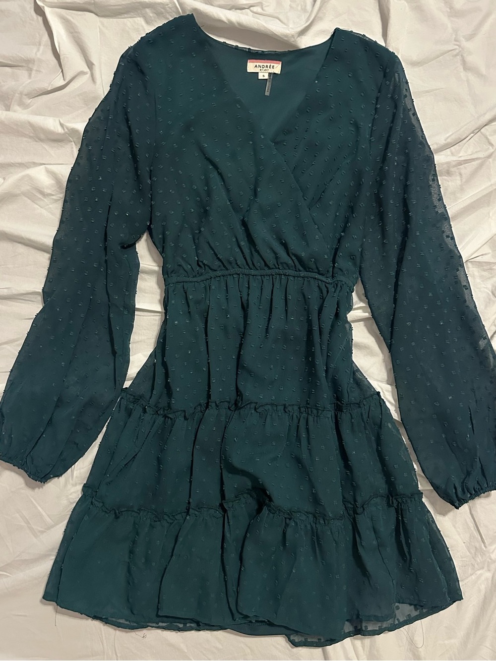 ANDREE BY UNIT Dark Teal Long-Sleeve Tiered Swiss Dot Dress